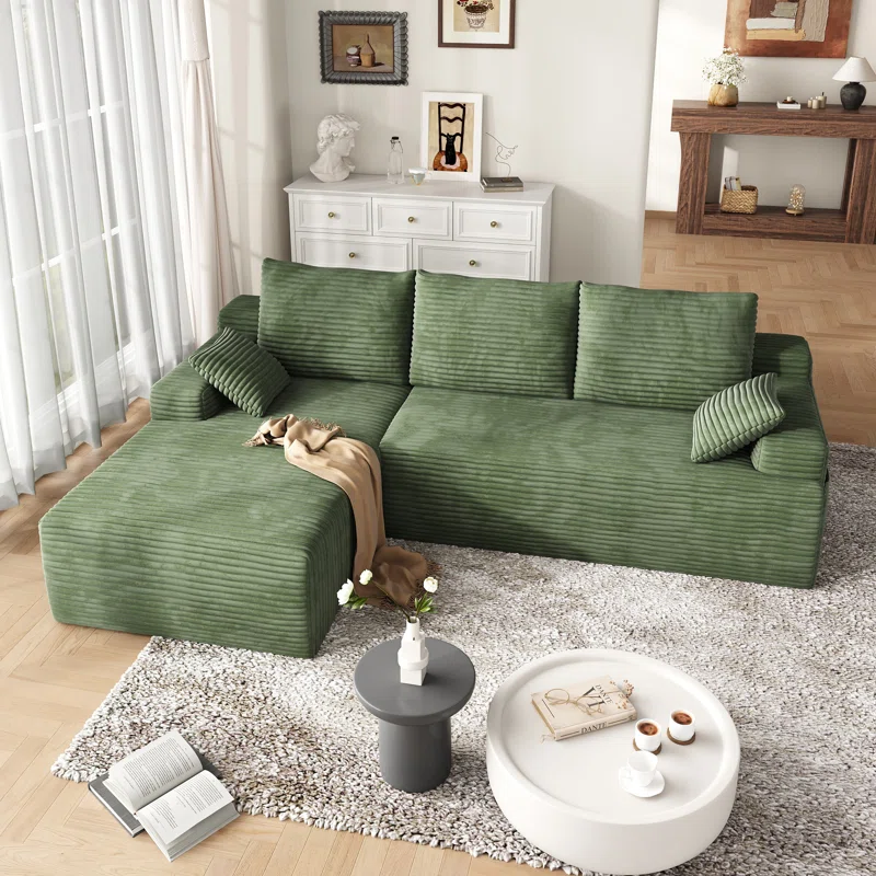 Boneless 104" 2-Piece Compression Boneless Corduroy L-Shaped Modular Sectional Sofa, 【Upgraded High-Density Foam】, No Assembly Required